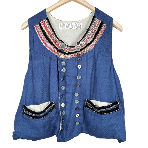 MAGNOLIA PEARL Lennon Distressed Linen Mixed Button Down Vest
